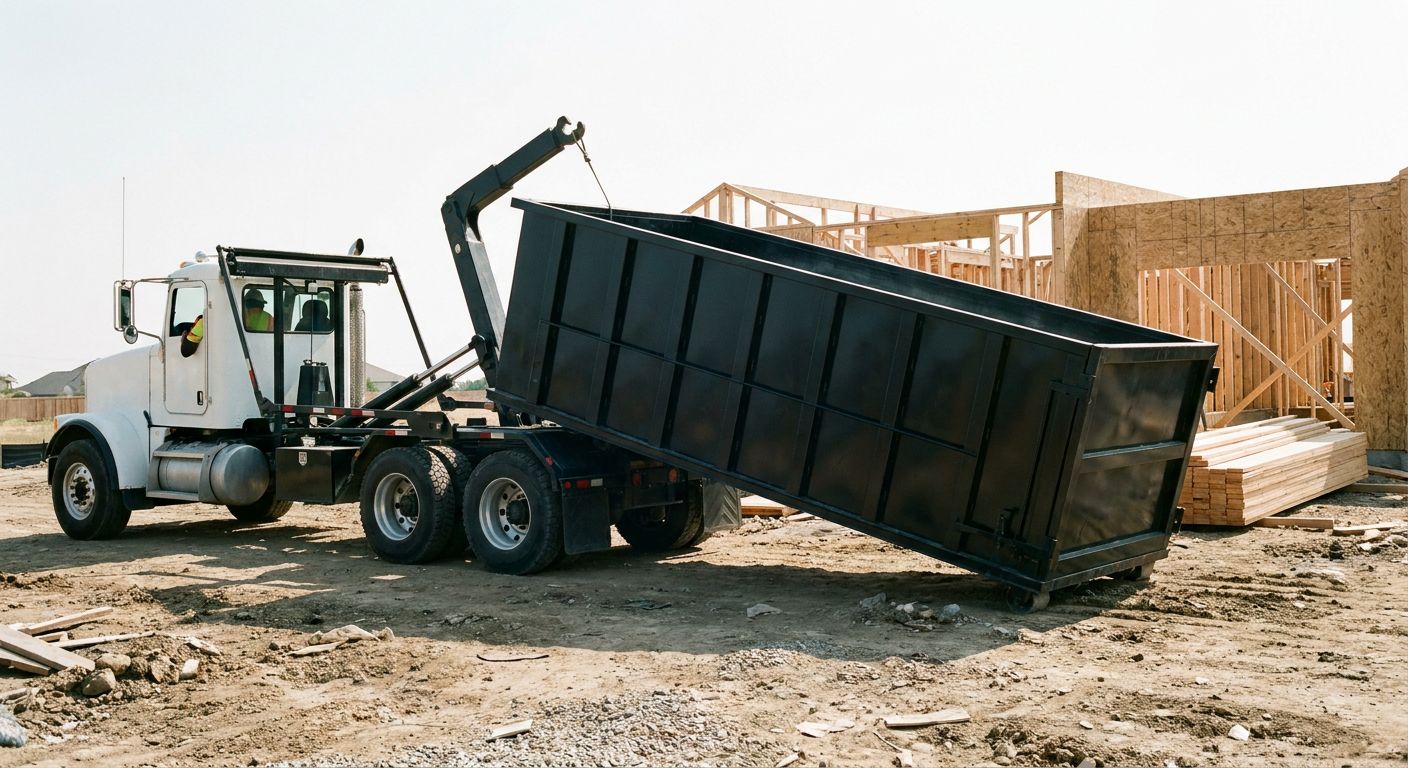 Matte-black roll-off dumpster being delivered onto a clean residential concrete driveway in Erie by an unmarked white hooklift hauler truck, bright morning daylight, documentary 35mm perspective.